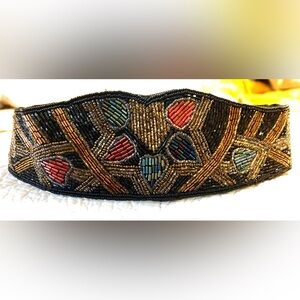 Vintage Handmade multicolored beaded silk cummerbund cinch belt 1980s